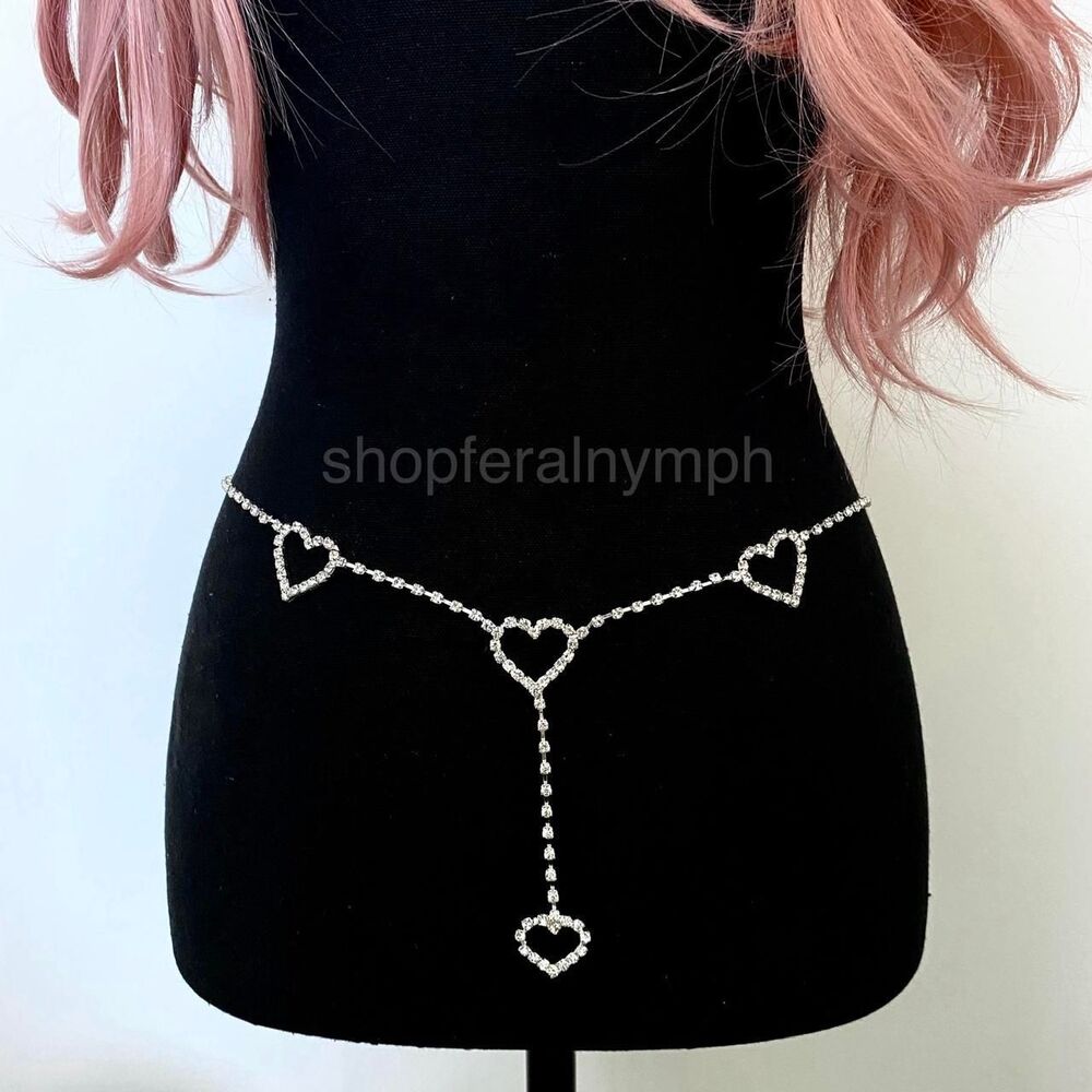 Silver Y2K Rhinestone Heart Drop Chain Belt, Fits 33-44.5 Inches, X7GA1269